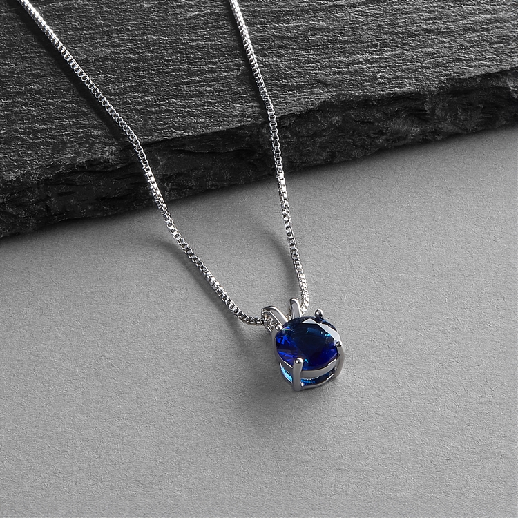 Delicate Sapphire Blue CZ Round-Cut Solitaire Necklace with Double