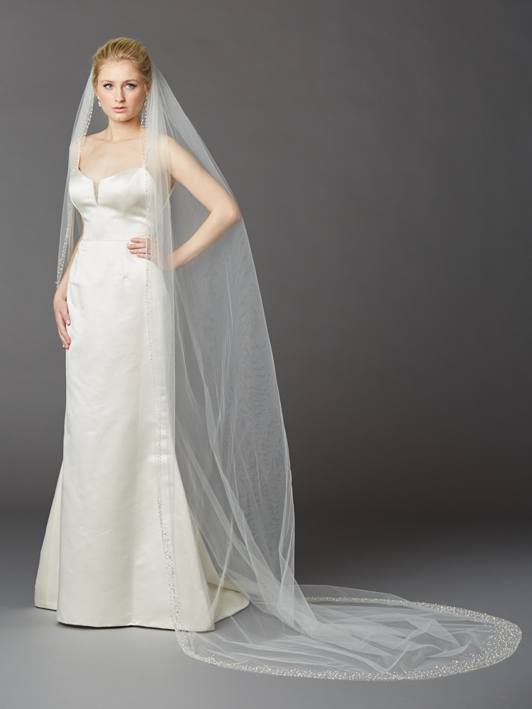 Mariell Cathedral Bridal Veil Edged with Crystals, Pearl & Bugle Beads