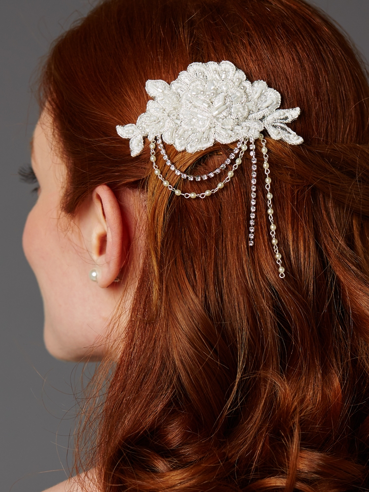 English Rose Lace Comb with Pearl and Crystal Draped Swags