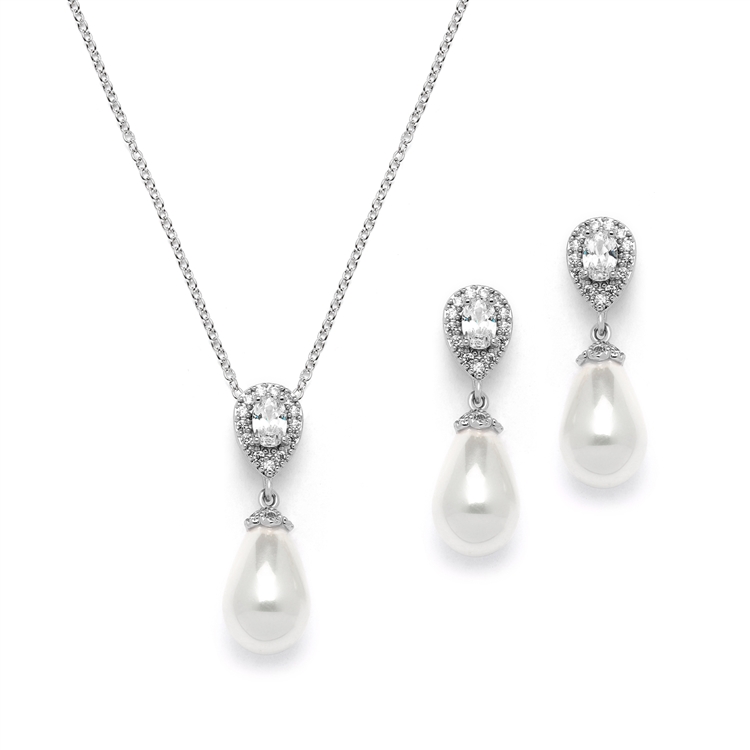 Dainty Teardrop Pearl Drop CZ Earrings - Cassandra Lynne