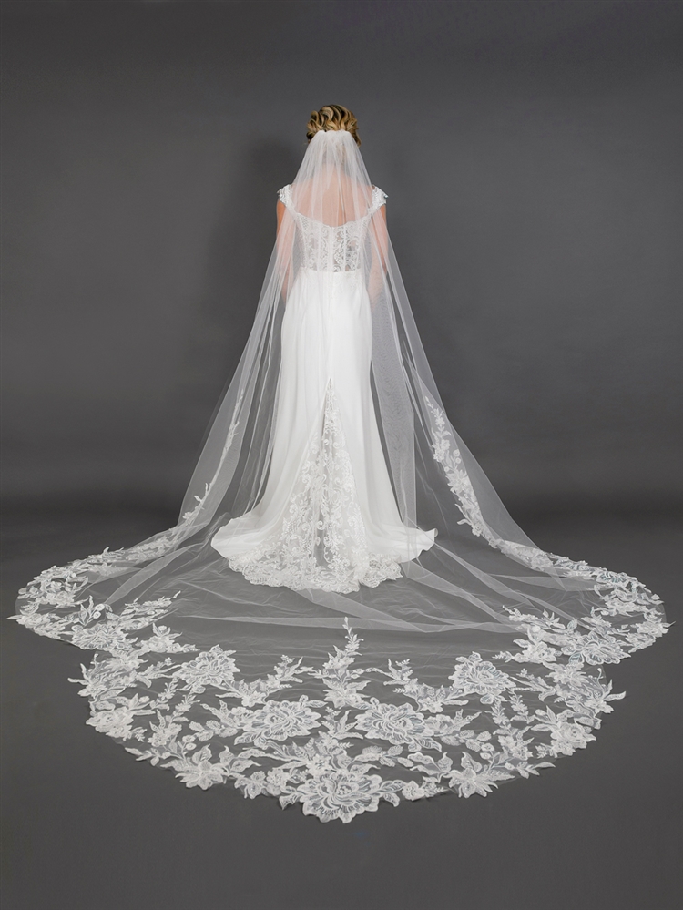 Cathedral Veil with Floral French Lace Trim, White/ Ivory