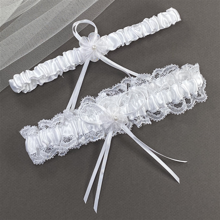 Wedding Garter Set with White Lace and Satin Ribbon Keepsake & Tossing  Garter - Mariell Bridal Jewelry & Wedding Accessories