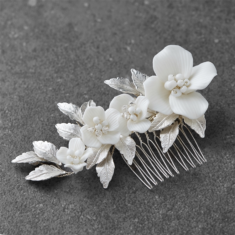 Wedding Hair Comb with Light Ivory Resin Flowers Crystals and