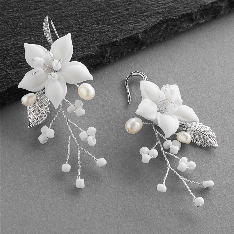 Light Ivory Resin Flower and Pearl Bridal Earrings - Mariell