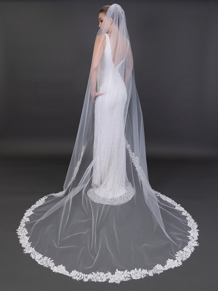 Bead and Pearl Trimmed Chapel Length Veil