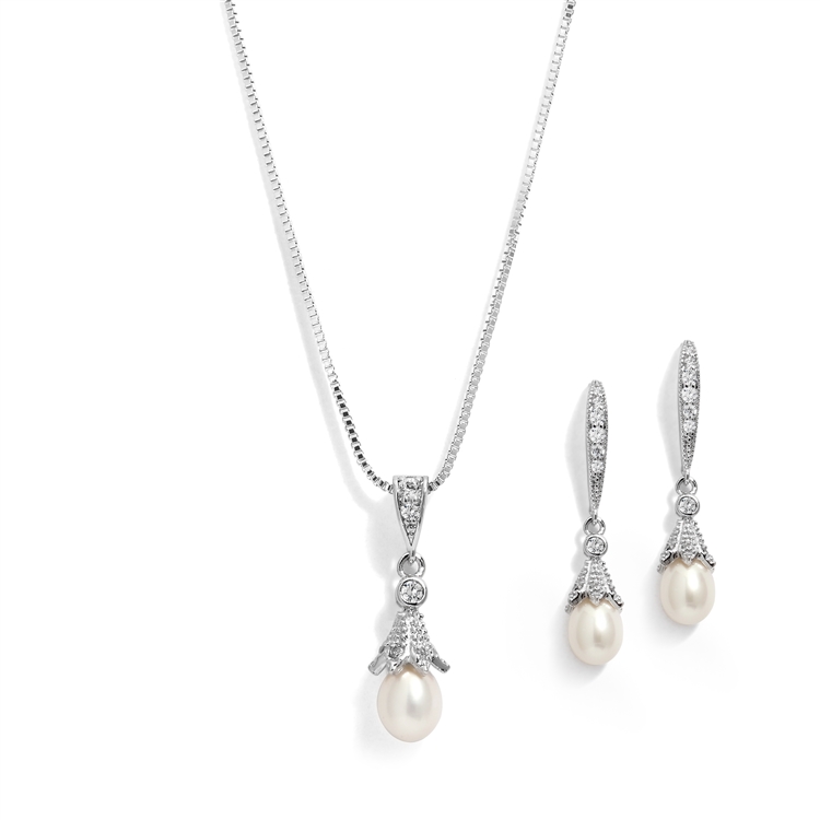 Silver Rhodium Wedding Necklace & Earrings Jewelry Set with