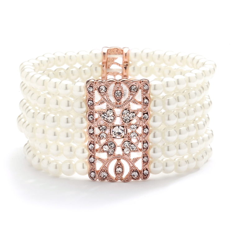Wholesale Ivory & Rose Gold Pearl Vintage Bridal Stretch Bracelet