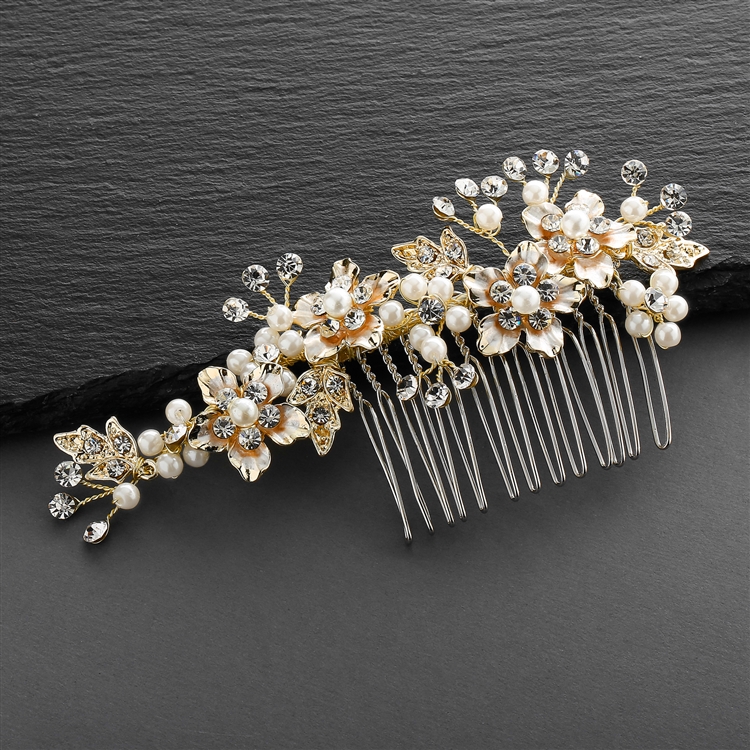 Brushed Gold and Ivory Pearl Wholesale Wedding Comb - Mariell Bridal ...